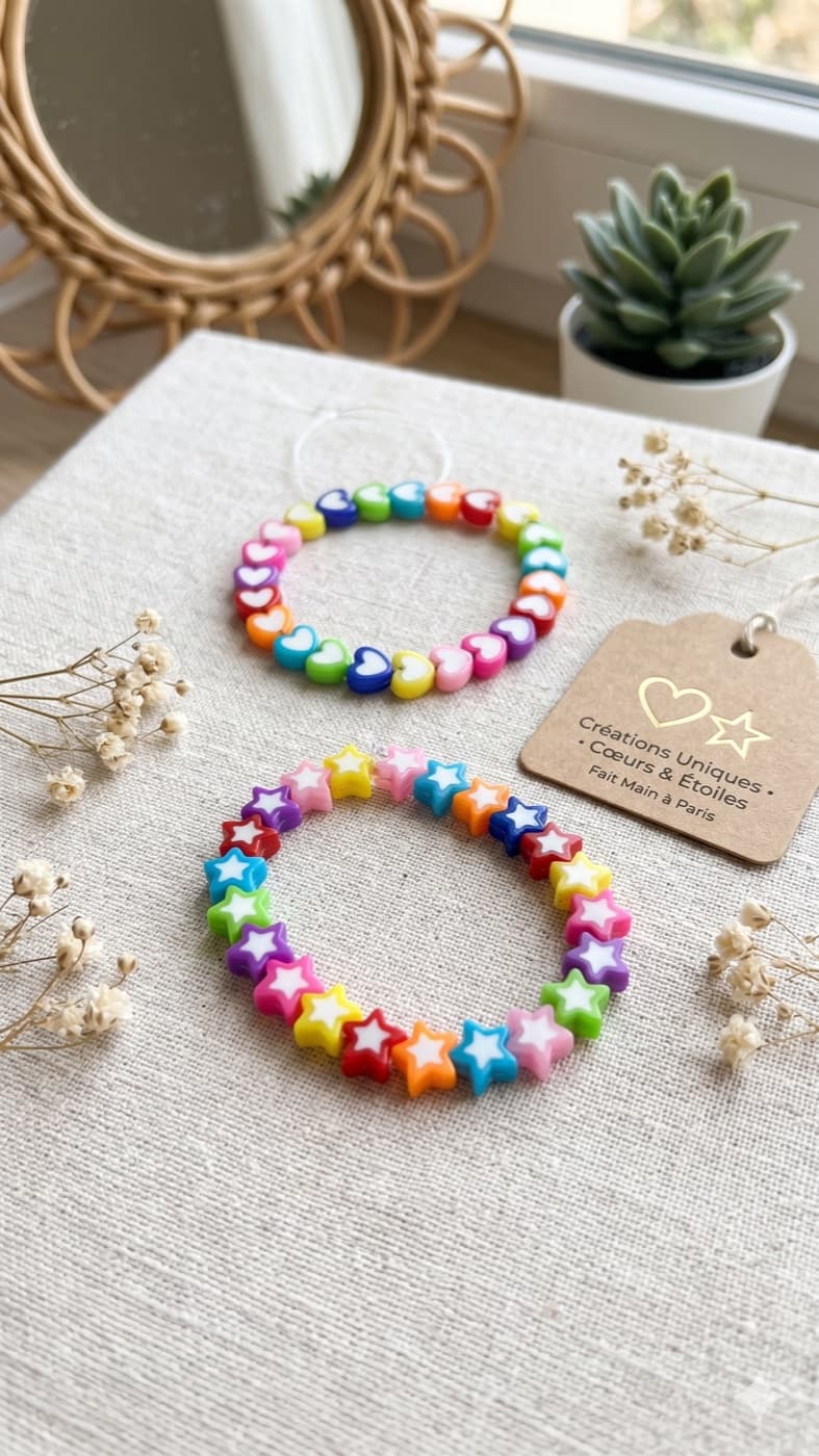 Bracelets cœur et étoile faits main avec étiquette Créations Uniques